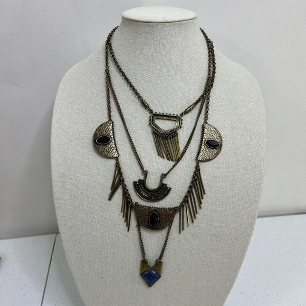 Lovisa Necklace Statement Boho Multi Strand Blue Gold Tone Tribal Southwestern U